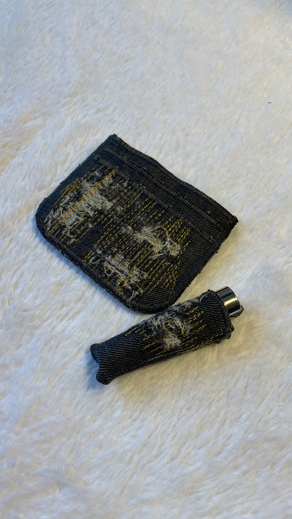 Gold stitches denim cardholder